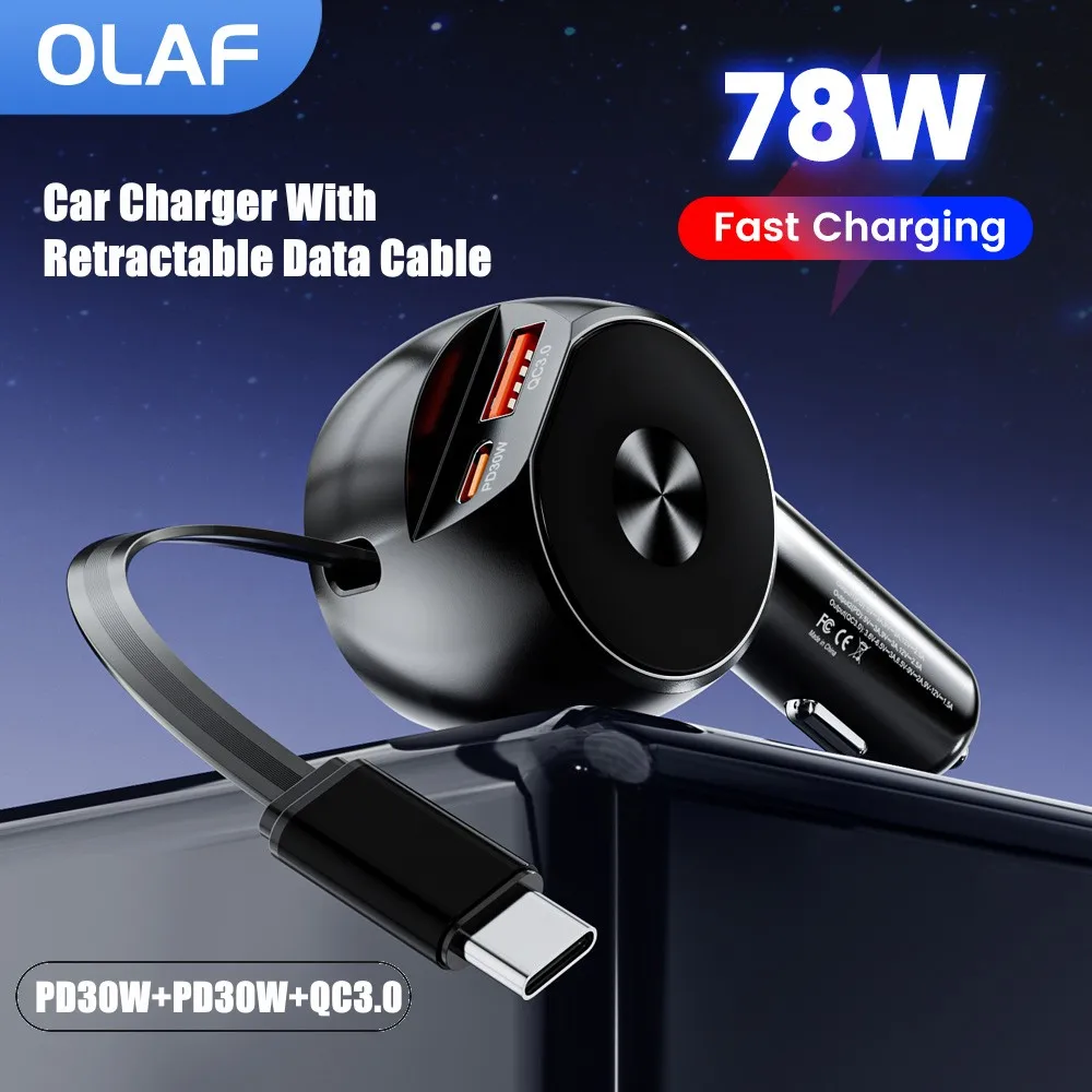 Cargador de coche de 3 puertos 78W con Cable de datos retráctil PD30W QC3.0 adaptador de cargador de teléfono de coche para iphone Samsung Huawei Xiaomi