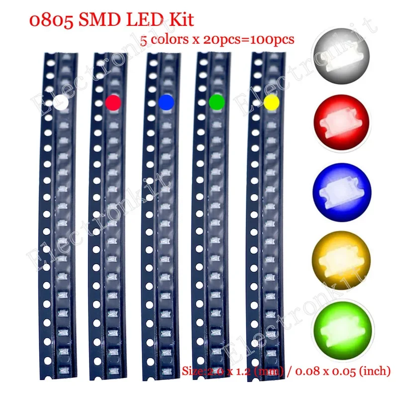 100 unids/lote SMD LED kit surtido 0402 0603 0805 1206 1210 5730 5050 rojo verde azul blanco amarillo conjunto de diodos led de 5 colores cada 20 - imagen 3