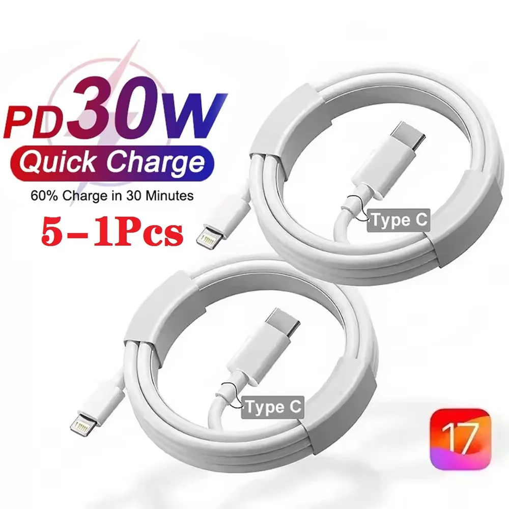 NNBILI 5-1 Uds 30W Cable de carga rápida para iPhone 13 12 11 14 Pro Max Mini Cable tipo C para X XR XS MAX 6 7 8 14 Plus Accesorios