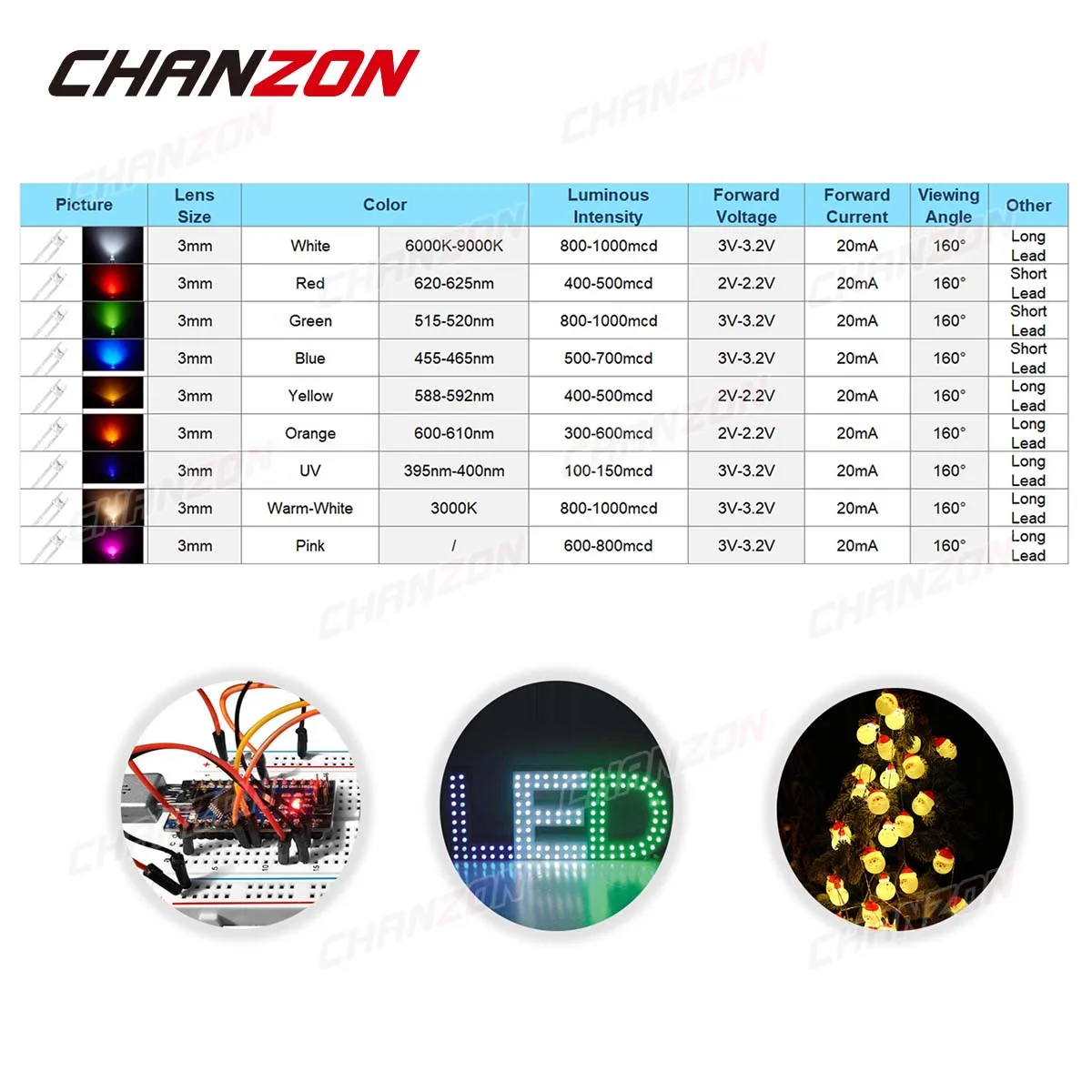 100 Uds. Diodo LED de 3mm parte superior plana blanco cálido rojo verde azul UV púrpura amarillo naranja rosa 2V 3V bombilla de luz emisora para PCB DIY - imagen 3