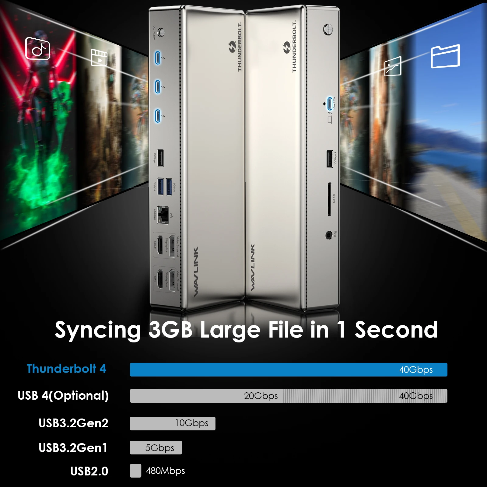 WAVLINK-estación de acoplamiento Thunderbolt 4 Quad Display Dock, 2,5G, 40Gbps, 8K @ 30Hz, Quad 4K @ 60Hz, 98W, carga de ordenador portátil para Mac - imagen 2