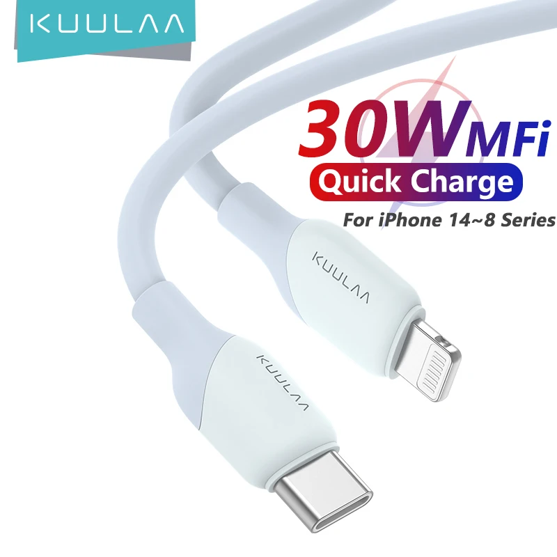 KUULAA Cable USB C PD30W certificado MFi para iPhone 14 13 12 11 AirPods iPad carga rápida USB C a Cable Lightning USB de silicona