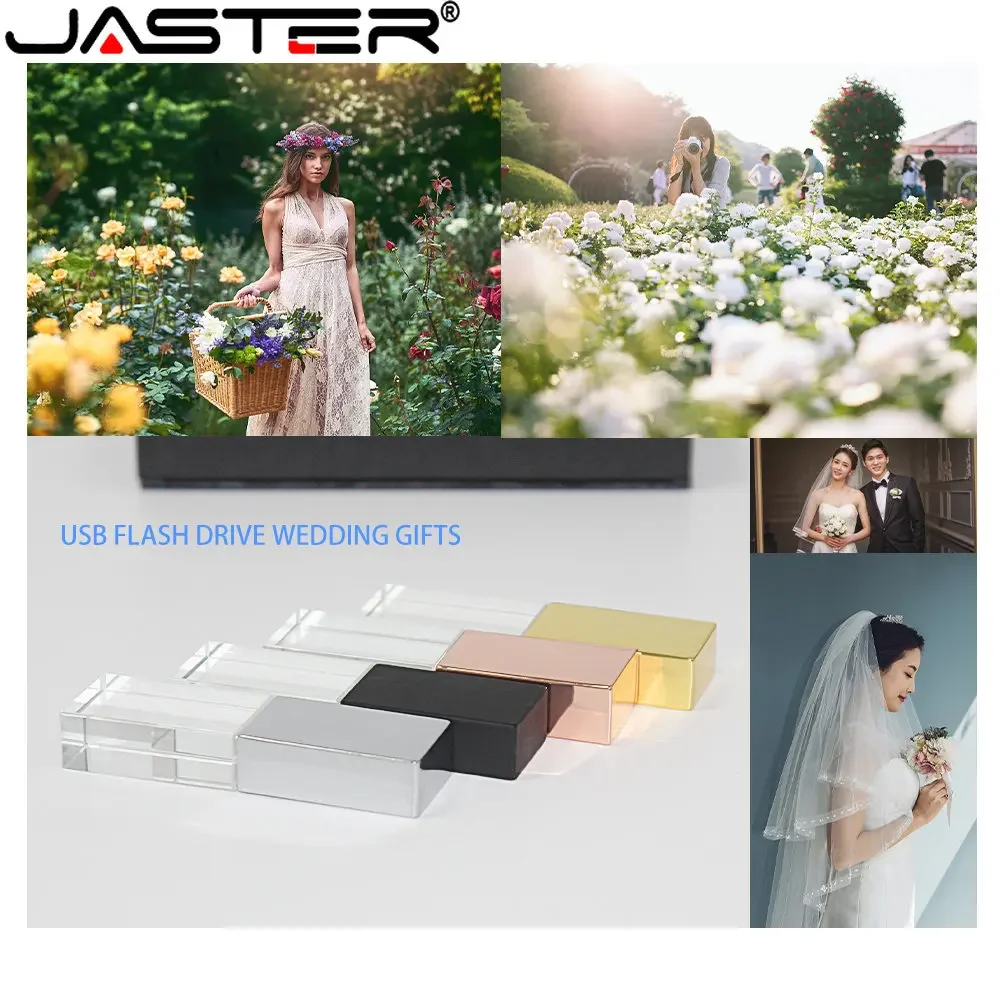 JASTER nueva unidad Flash USB 2,0 cristal negro dorado con caja de regalo negra 64GB 32GB 16GB logotipo personalizado gratis regalo de fotografía de boda - imagen 5