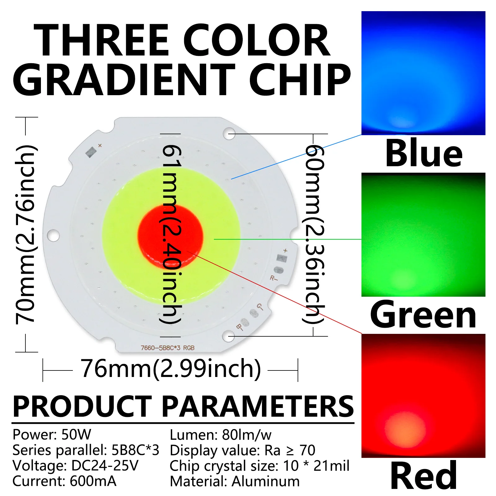RGB tres colores gradiente COB 50W tablero de luz LED de aluminio DC24-25V 600mA para foco diodo LED módulo fuente de lámpara de reflector - imagen 5