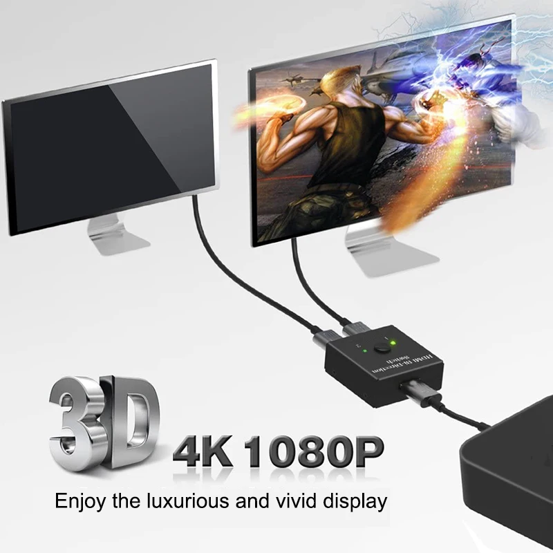Conmutador Compatible con HDMI 4K, 2 puertos bidireccionales 1x2 / 2x1, divisor de conmutador Compatible con HDMI, compatible con Ultra HD 4K 1080P 3D HDR - imagen 2