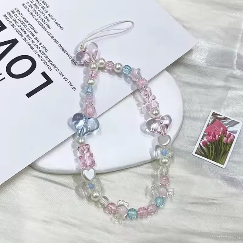 Bonita cadena de teléfono con cuentas de lazo de corazón de amor rosa, cuerda colgante de oso dulce, cordón para cámara, correas de muñeca antipérdida, accesorios para bolso - imagen 3