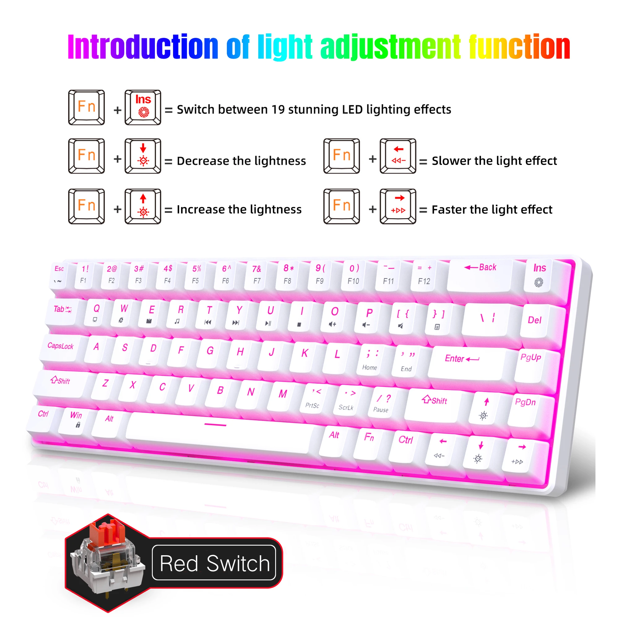Teclado mecánico ergonómico de 68 teclas, luz Rosa RGB, retroiluminado, LED, interruptor rojo intercambiable en caliente, teclado para juegos para PC, portátil y oficina - imagen 5
