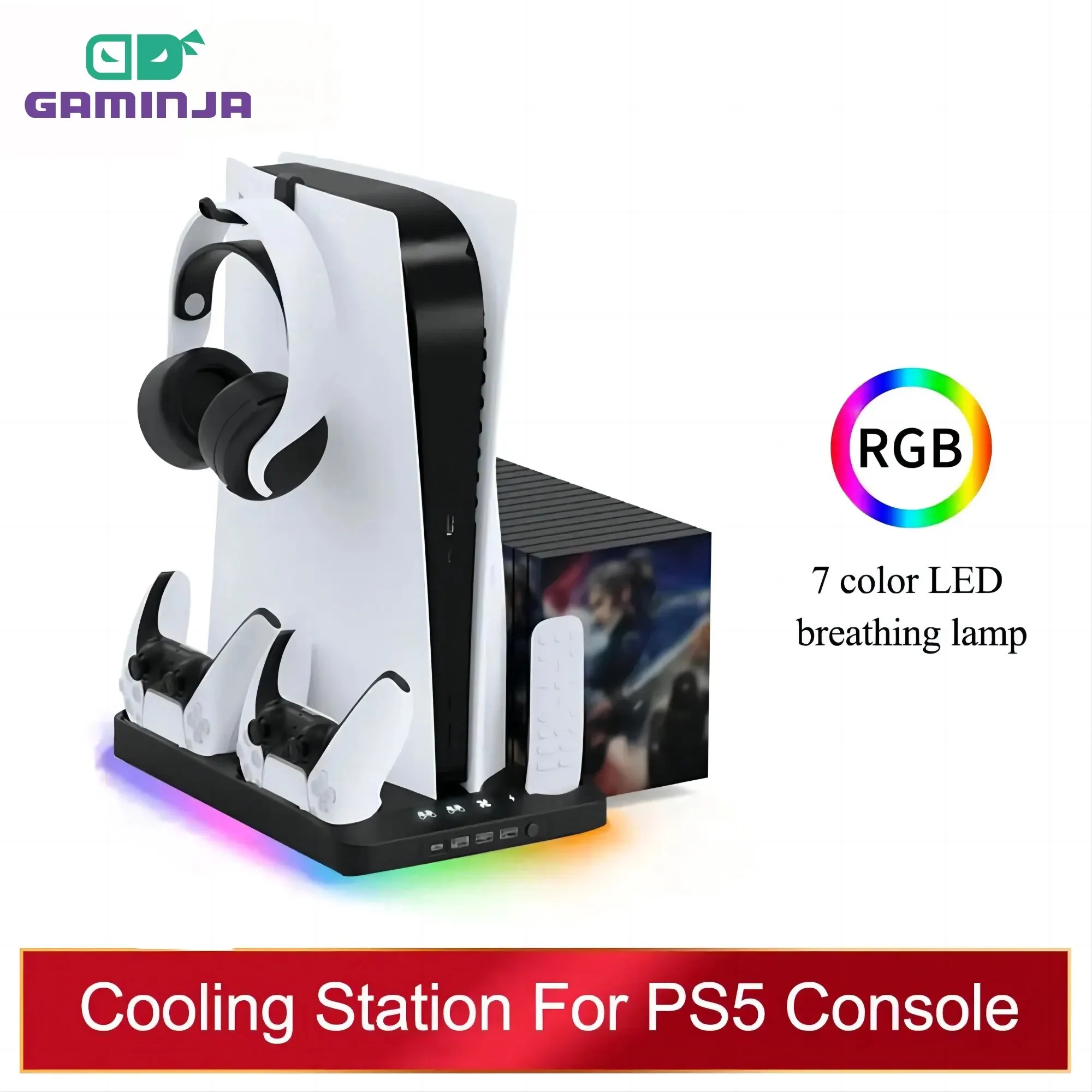 GAMINJA-Estación de refrigeración de pie P58 P5, ventilador de refrigeración con luz RGB, controladores duales, cargador para Playstation 5, accesorios para PS5