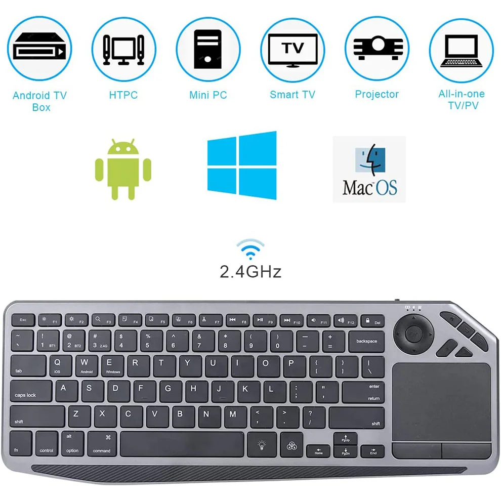 Teclado inalámbrico de TV con panel táctil, dispositivo recargable con Bluetooth, retroiluminado, 7 colores, 2,4G, para Smart TV, iOS, iPhone/IPad - imagen 5