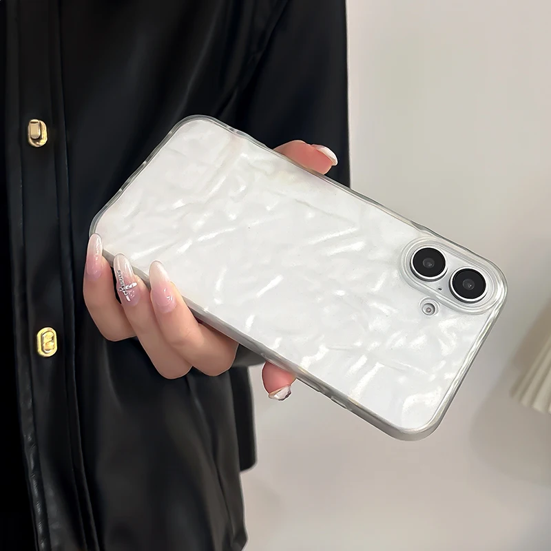 Funda trasera suave con textura doblada de color blanco perla Ins para iPhone 11 12 13 14 15 16 Pro Max 16 Plus - imagen 2