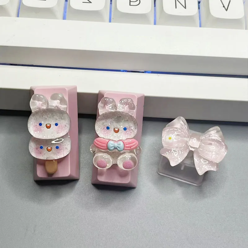 Teclas transparentes de hielo personalizadas a mano, tapa de teclado mecánico, lindo ESC, conejo, eje cruzado - imagen 3