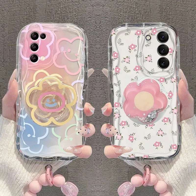 Funda de teléfono con pulsera y soporte de flor con sonrisa coreana para Samsung Galaxy S25 Ultra 5G S20 S21 S24 FE S22 S23 S24 Plus Ultra
