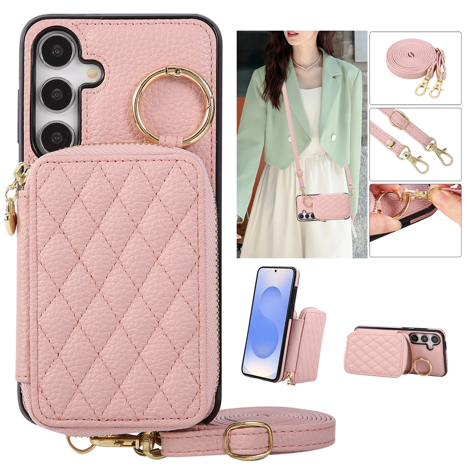 Bandolera con cremallera tarjetas Solt anillo titular cartera Funda de cuero para Samsung S25 Ultra S24 Plus S23 S22 A56 A16 A26 A36 A06 A55 cubierta - imagen 2