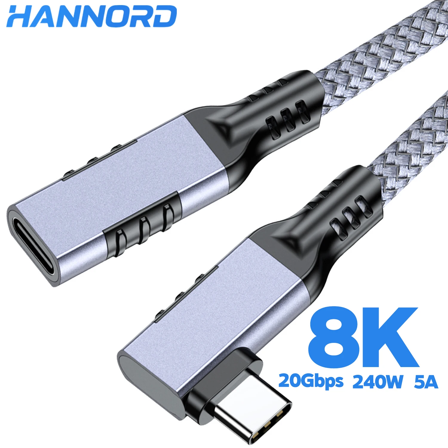 Hannord Cable de extensión tipo C con codo USB3.2 Datos Pantalla de 8K Espejo Cargador rápido de 240W con transmisión de 20G