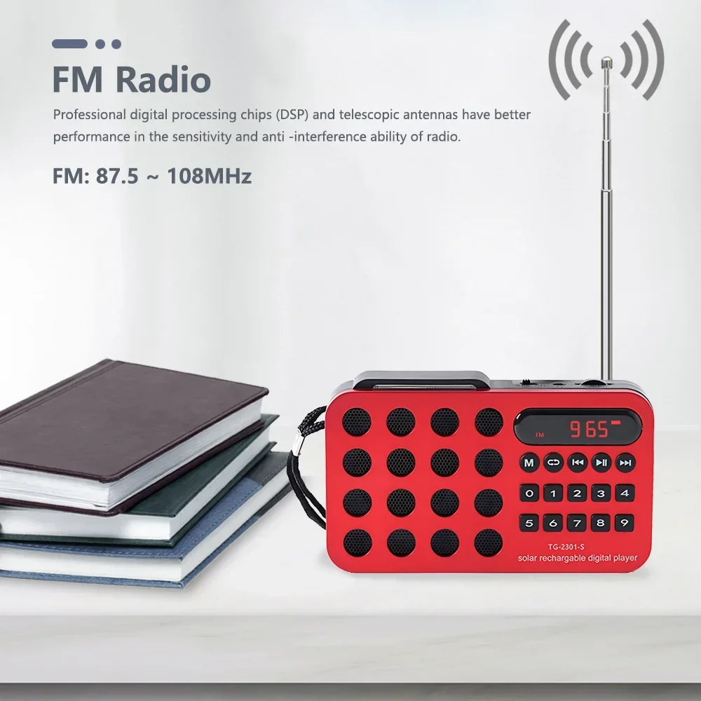 Mini Radio FM portátil de bolsillo, altavoces inalámbricos con carga Solar, compatible con reproducción de tarjetas USB TF, receptor de Radio FM compatible con Bluetooth - imagen 4