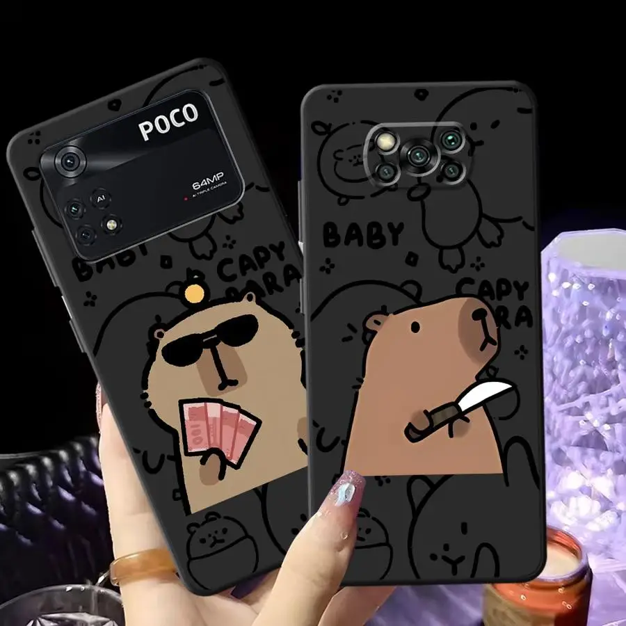Funda para Xiaomi Poco C61 F3 M5 C50 C40 C75 M3 M4 M7 Pro X3 X4 X5 X7 Pro F1 C71 funda negra suave para teléfono capibara dibujos animados divertidos