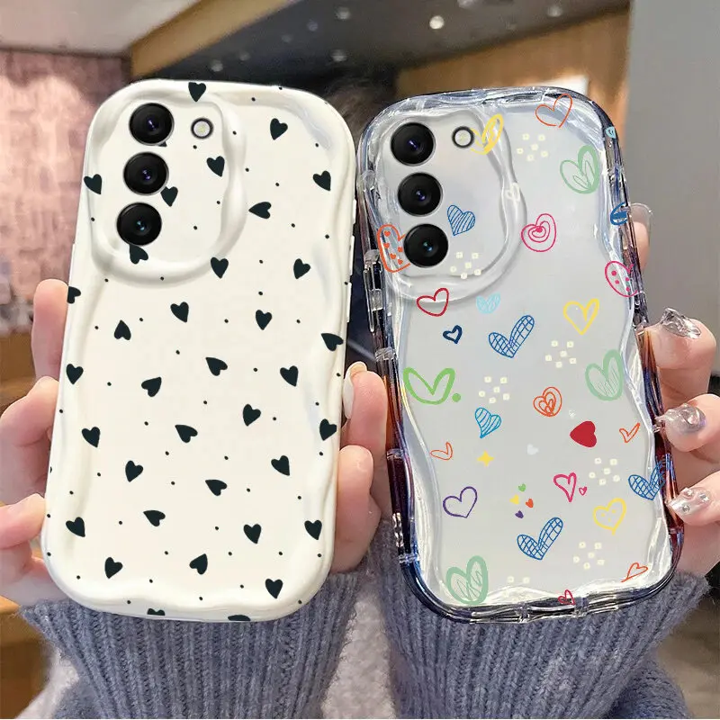 Funda de teléfono con borde ondulado y corazón de amor para Samsung Galaxy S25 Ultra S24 S21 S20 FE S23 S22 Plus A55 A15 A54 A34 A53 A35 A14 A32