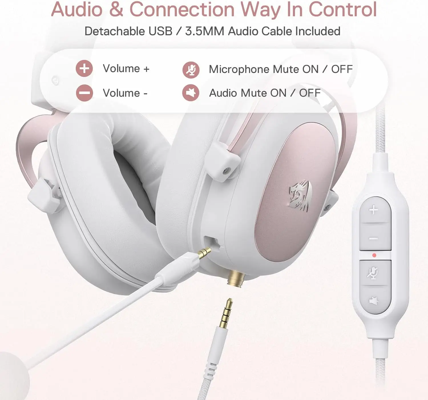 Redragon H510 Zeus Auriculares para juegos con cable blanco - Almohadillas para los oídos de espuma viscoelástica con sonido envolvente 7,1 Controladores de 53 mm - imagen 5