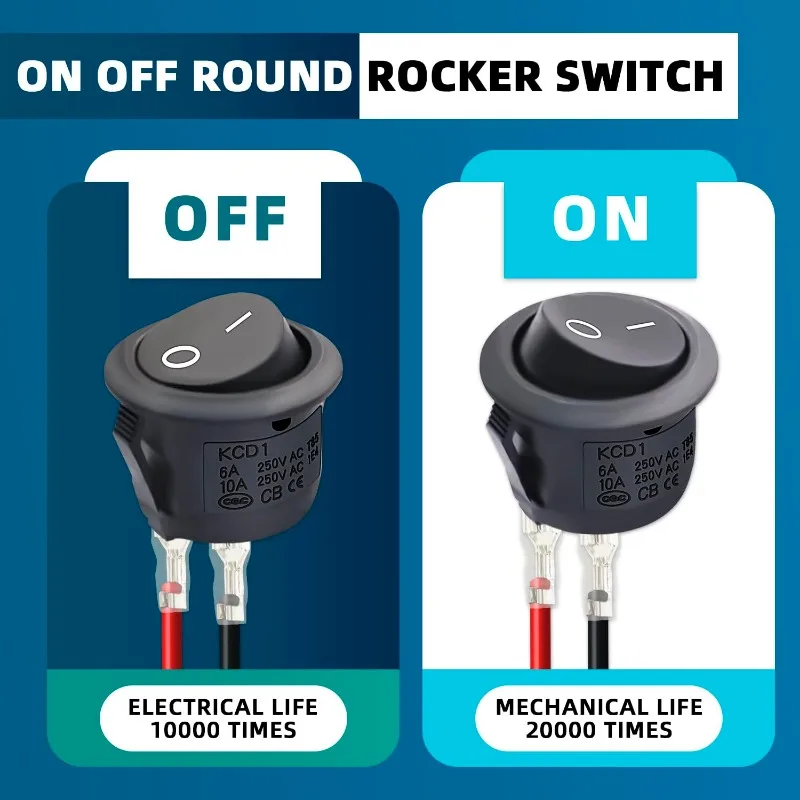 20 piezas interruptor basculante redondo AC 6A/250V 8A/125V 2 SPST encendido/apagado 2 pines 2 posiciones interruptor de palanca de encendido/apagado con Terminal de engarzado de cabeza de 4,8mm - imagen 3