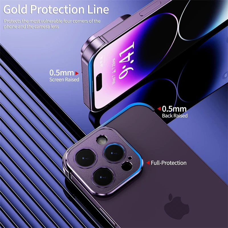 Funda de parachoques sin marco de esquina de Metal a prueba de golpes para IPhone 14 15 13 12 16 Pro Max Plus 16Pro 15Pro con Protector de lente de vidrio - imagen 5