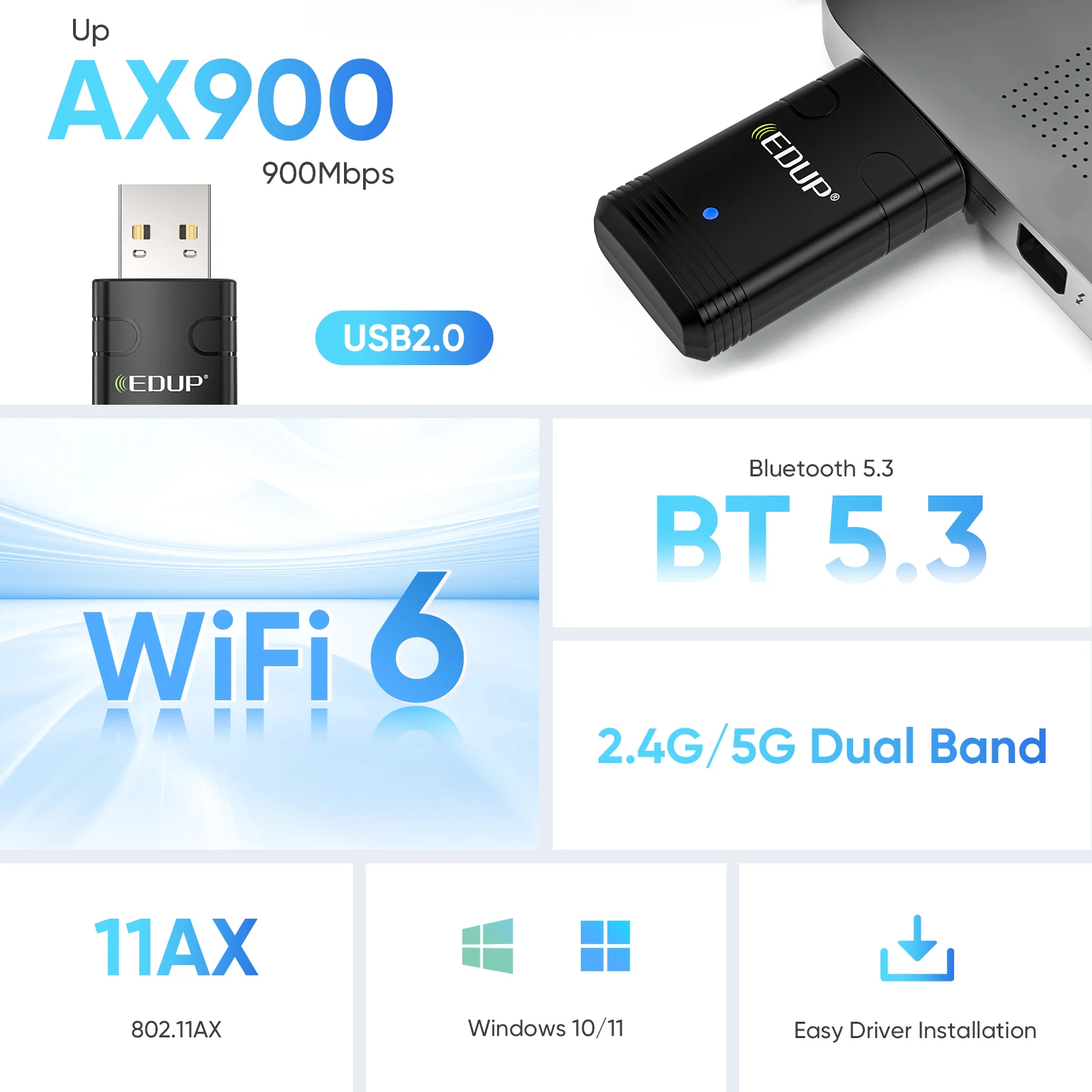 EDUP AX910 WIFI6 USB Adapter Bluetooth 5.3 Wireless Card for Windows 11/10 2.4G/5GHz Multiple Devices lLaptop Desktop Computer - imagen 2