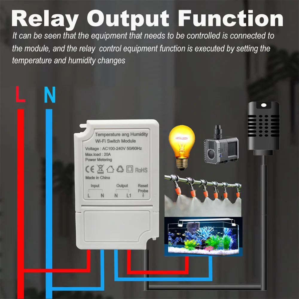 Un diagrama de una función de salida de relé con una bombilla y una pecera