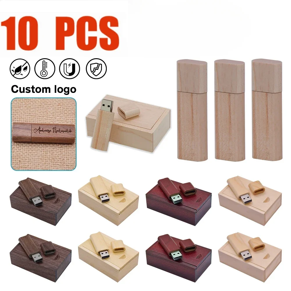 10 Uds por lote logotipo gratis USB 2,0 de madera unidad flash usb de madera pendrive 4GB 8GB 16GB 32GB 64GB memoria Stick al por mayor para boda