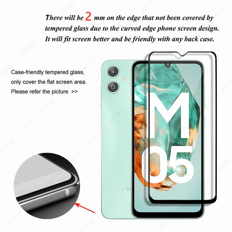 Protector de pantalla de vidrio frontal para Samsung Galaxy M05, película protectora de borde negro, Protector de cámara para Galaxy M05 - imagen 3