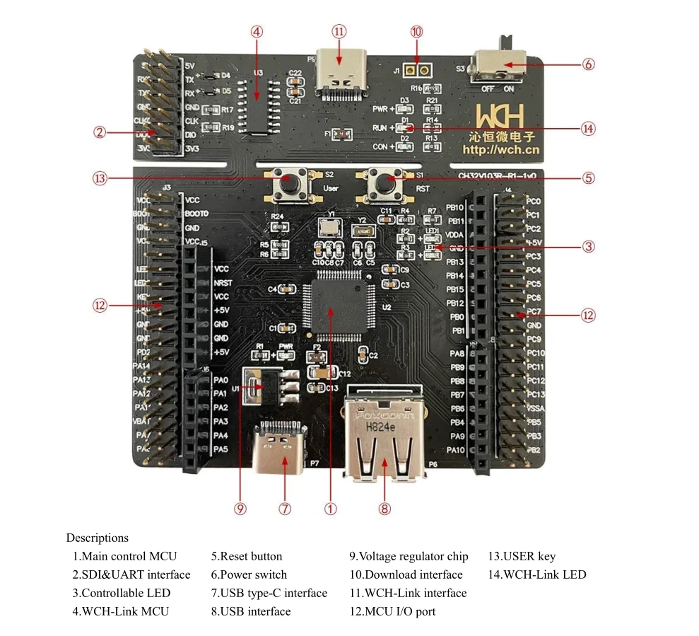 Placa de desarrollo CH32V103, placas de evaluación de microcontrolador CH32V103R8T6 de depurador WCH-Link integrado - imagen 4