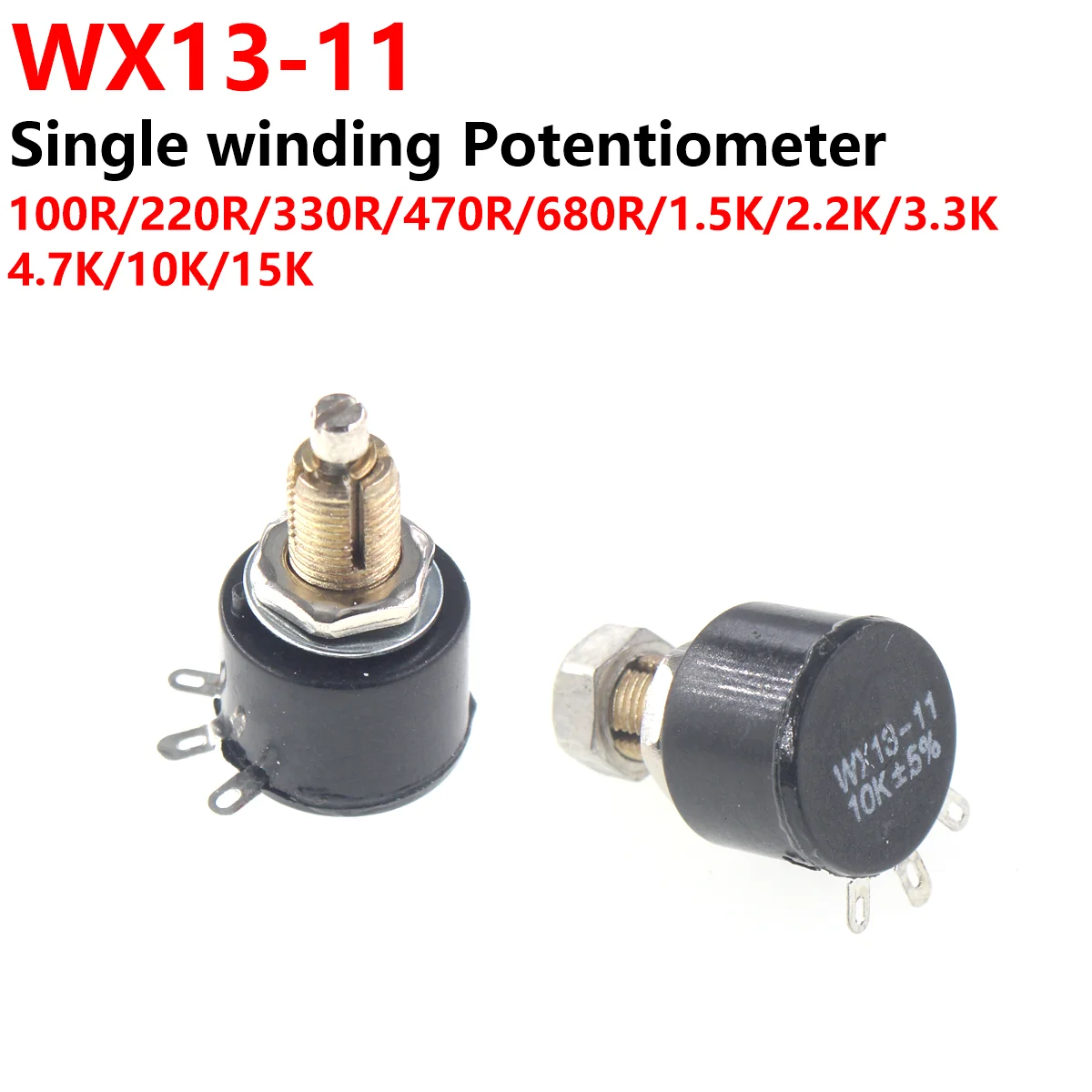 5 potenciómetros de un solo giro WX13-11 100VDC 1W. Potenciómetro de un solo giro WX1-4B con bloqueo 1K 2K2 4K7 10K - imagen 2