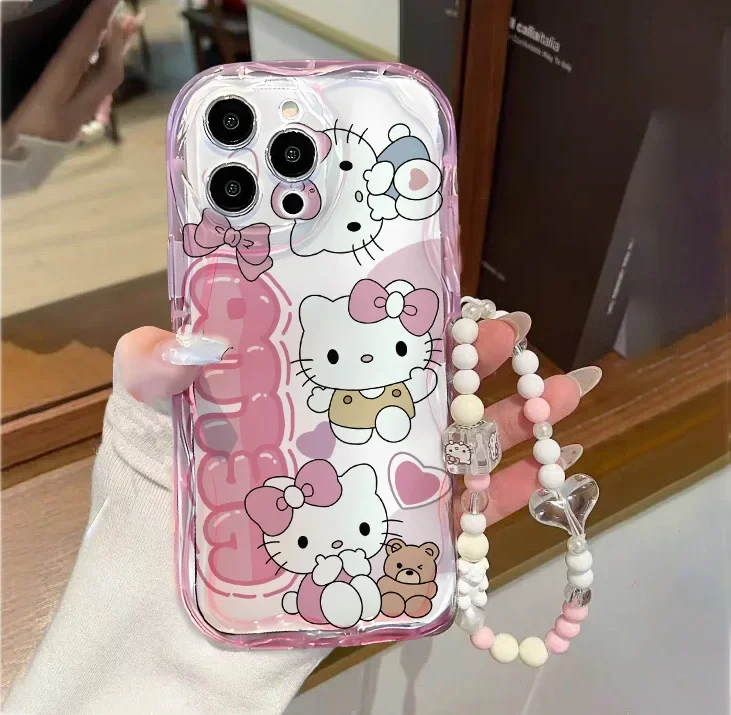 Funda de teléfono con cadena de pulsera de Hello Kitty para IPhone 15 Pro Max 14 11 12 13 Mini XR 6s 6 8 7 Plus X XS SE 2020 2022 cubierta de borde ondulado - imagen 4