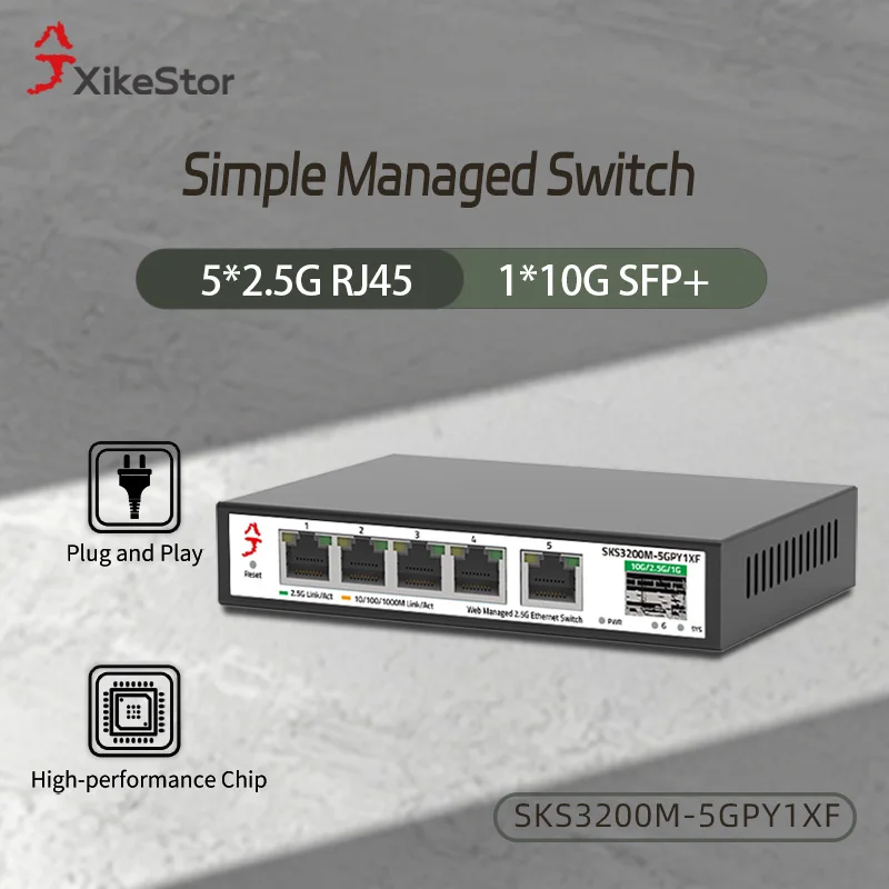XikeStor 6 puertos 2,5G interruptor administrado Ethernet Simple 5*2,5G RJ45 1*10G SFP + compatible con división VLAN/agregación de puertos