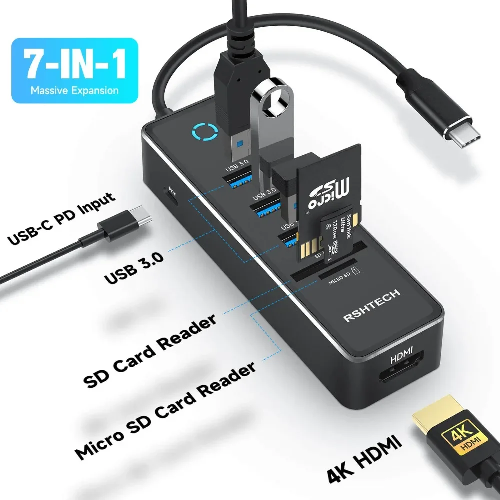 Adaptador Dongle Hub USB C RSHTECH con 4K HDMI 3 puerto de datos USB 3,0 100W PD SD/TF lector de tarjetas base de concentrador de aluminio para PC portátil