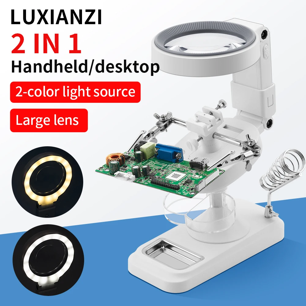 LUXIANZI-lupa de soldadura con luz LED, soporte de tercera mano para soldar, estación, Clip auxiliar, lupa, soporte de hierro para soldar