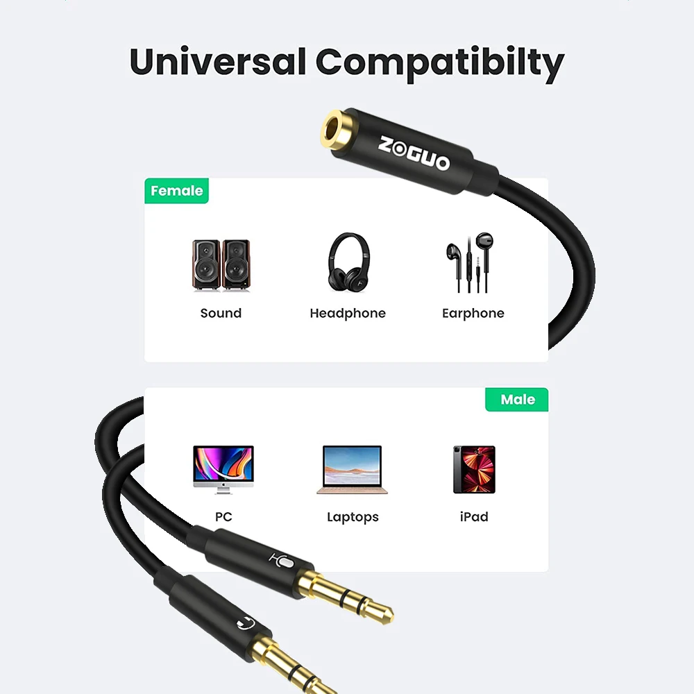 ZOGUO-Divisor de auriculares 3,5mm hembra a 2 Dual 3,5mm macho, Cable de Audio, micrófono, Conector estéreo, auriculares para juegos de ordenador - imagen 3