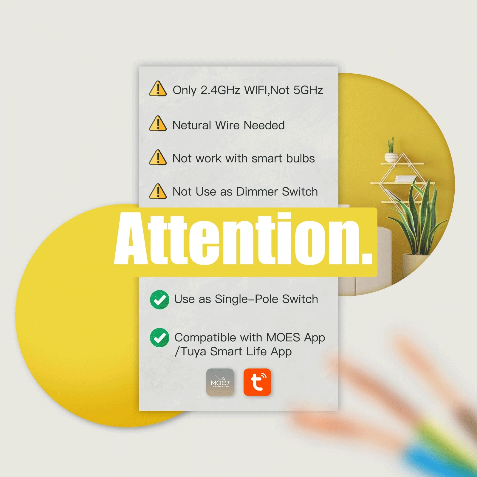 MOES-interruptor de luz inteligente con wifi para el hogar, pulsador de pared de un solo polo, funciona con Alexa, Google Home, cable neutro requerido - imagen 3
