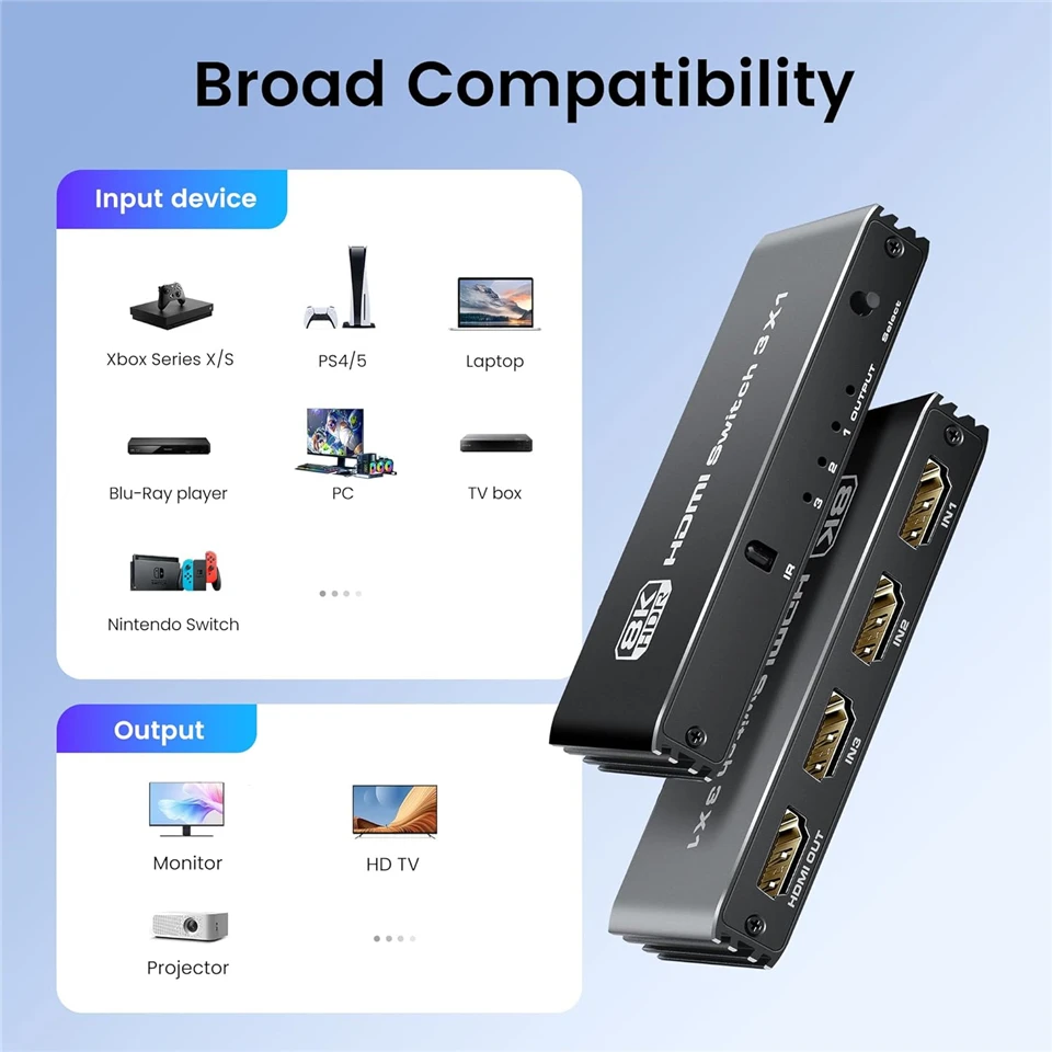 Navceker-conmutador HDMI 2,1, 8K, 60Hz, 4K120Hz, compatible con HDMI, salida 3 en 1, convertidor de Control remoto para monitores Xbox PS5 - imagen 2
