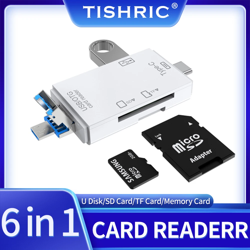 TISHRIC lector de tarjetas 6 en 1, disco U externo, tarjeta TF, tarjeta SD, teclado, ratón, cámara, interfaz USB tipo C, adaptador de tarjeta de unidad Flash