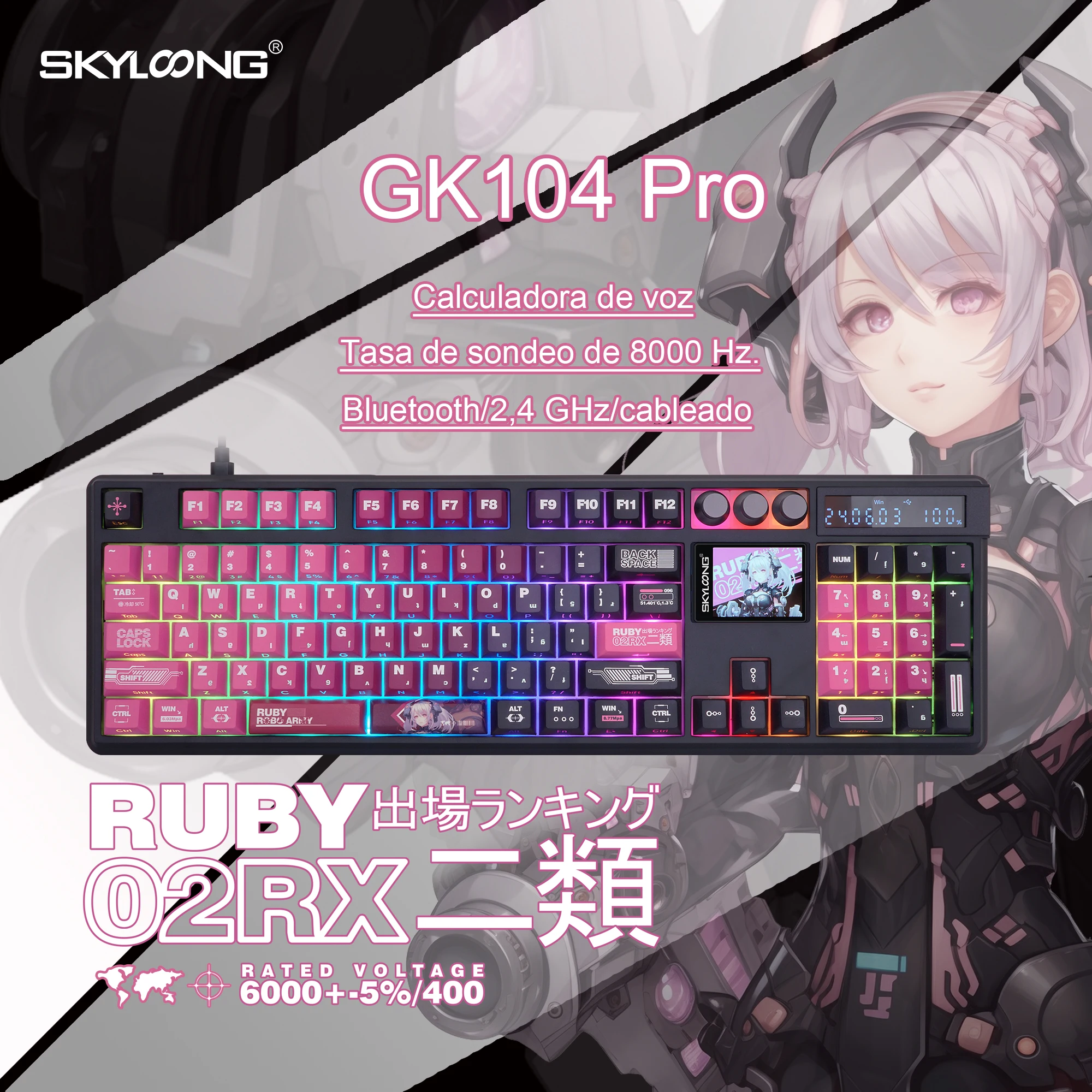 SKYLONG GK104 Pro teclado mecánico inalámbrico interruptor silencioso intercambiable en caliente pantalla personalizada/perilla barra espaciadora dividida PBT tecla RGB retroiluminación calculadora teclado para juegos - imagen 2