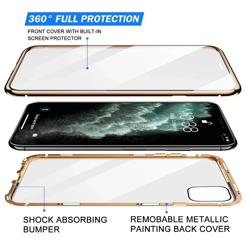360 ° Funda de teléfono con cierre magnético de Metal de protección completa para iPhone 16 Pro Max 14 13 12 15 Pro Max, funda de parachoques de vidrio de doble cara - imagen 4