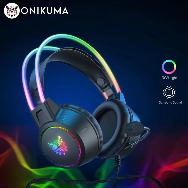 ONIKUMA-auriculares X15 Pro para videojuegos, cascos por encima de la oreja con cancelación de cable, orejas de gato rosas, luz Rgb con micrófono para PC y PS4 - imagen 2