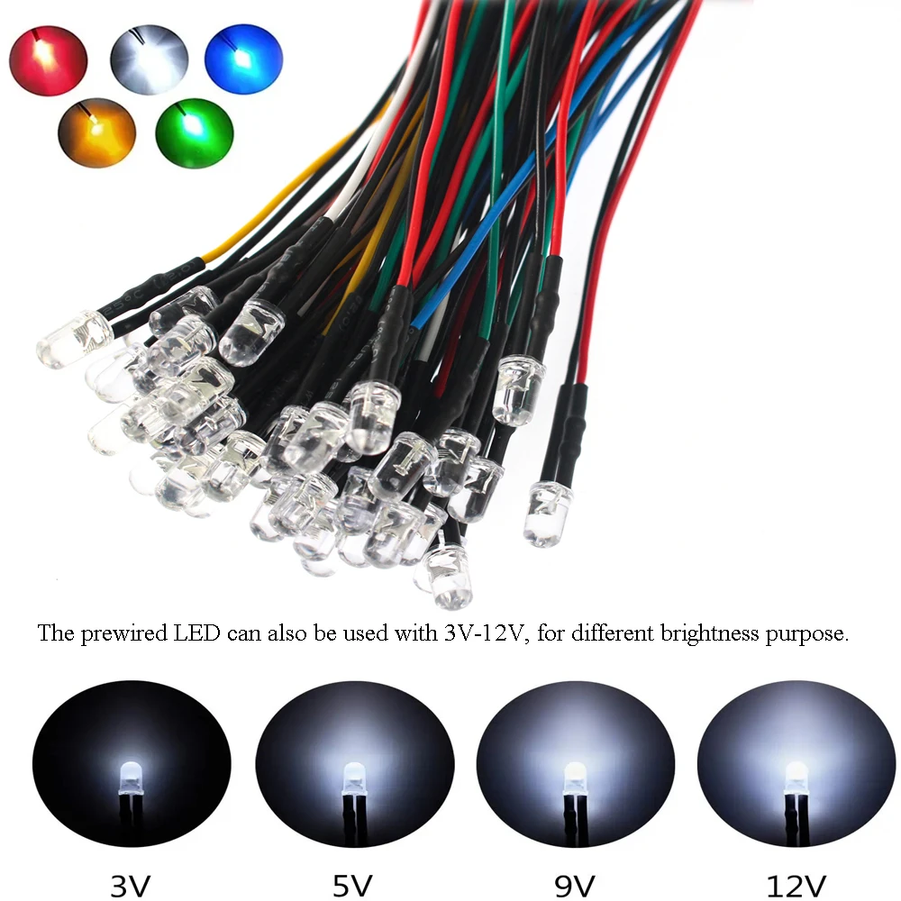 20/50 Uds. Luces de diodo LED de 5mm 20CM diodos emisores precableados de 12V lámpara F5 proyectos de bricolaje blanco rojo verde azul naranja amarillo emisor