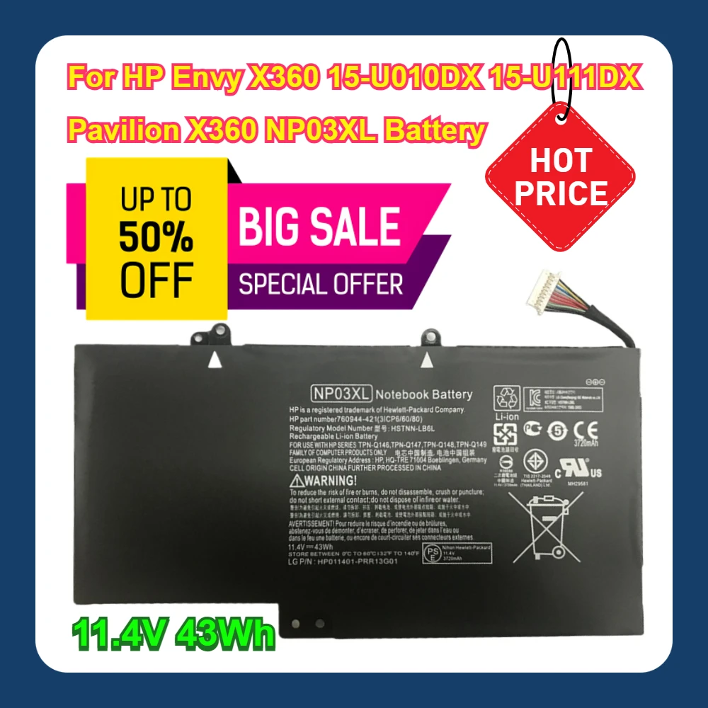 Para HP Envy X360 15-U010DX 15-U111DX Pavilion X360 NP03XL Batería