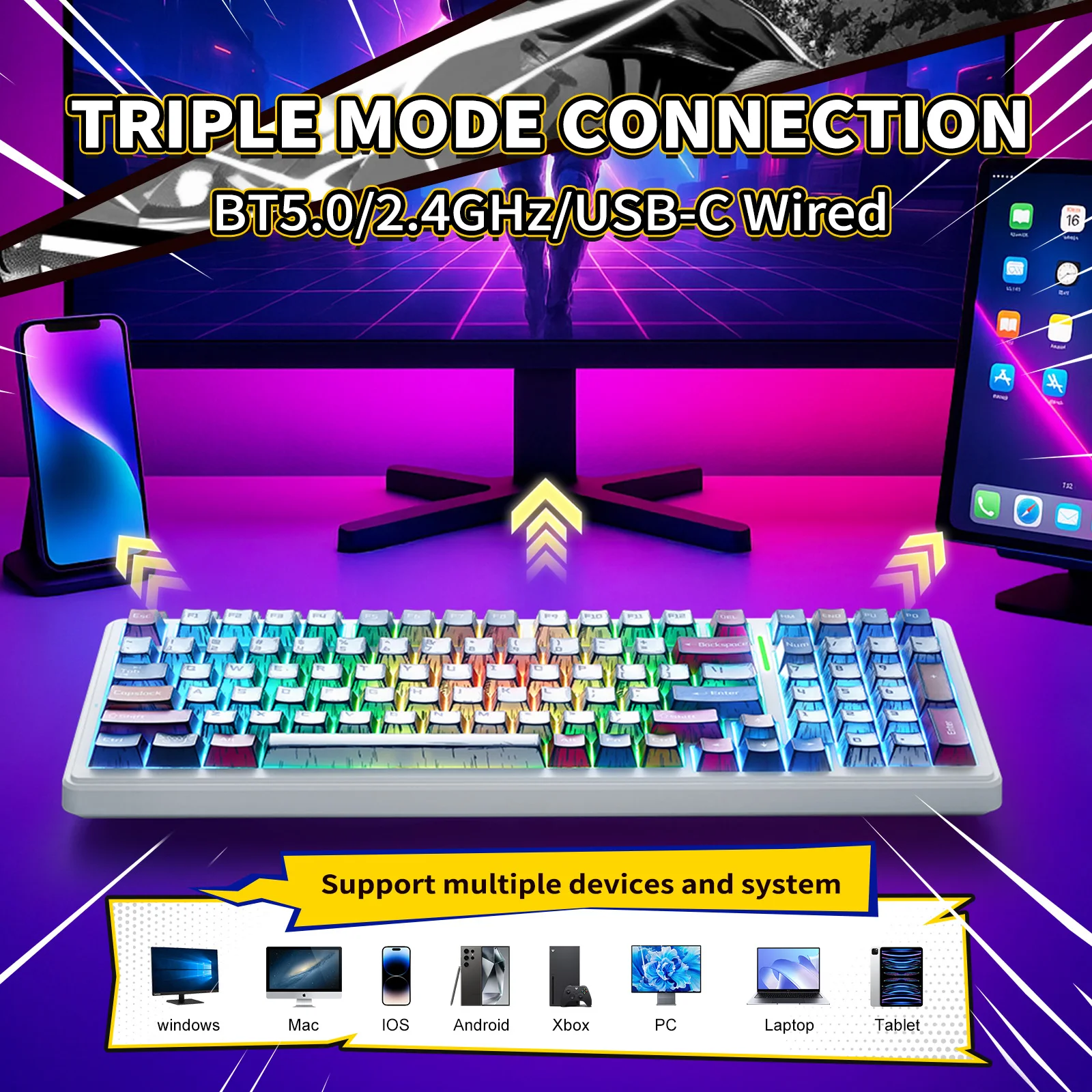 Nuevo Teclado mecánico para juegos AULA F75/F99 Pro, teclas de cómic PBT, retroiluminación RGB, enchufe caliente, teclado personalizado para oficina - imagen 3