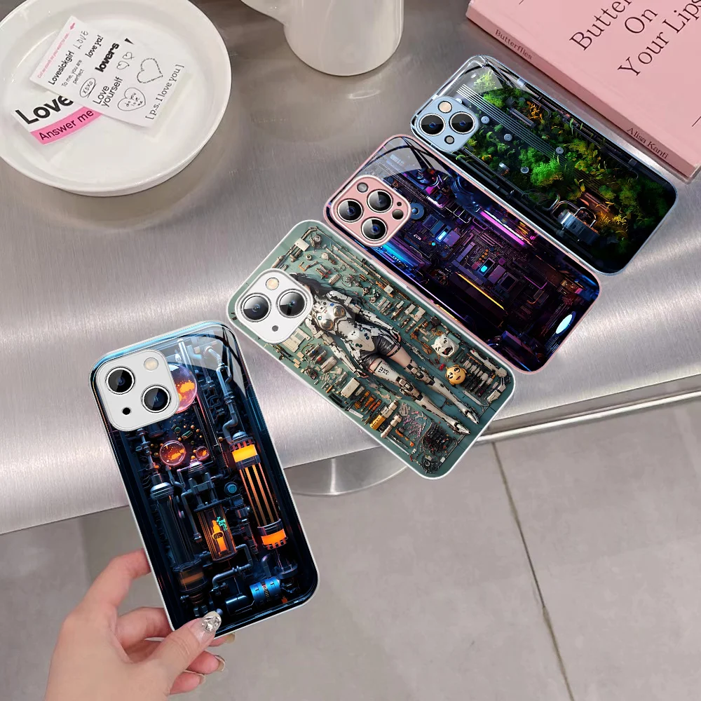 Funda de teléfono mecánica 3D de ciencia ficción de vidrio templado para Iphone 14 13 12 11 Pro Mini XS MAX 14Plus X XS XR