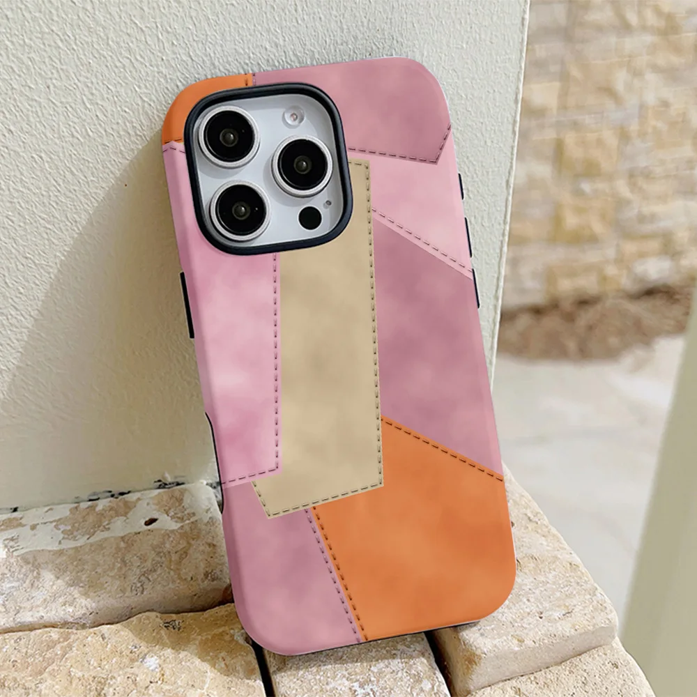 Funda de teléfono con diseño de retazos de cuero para iPhone 16, 15, 14, 13, 12, 11 Pro Max Plus, funda trasera magnética de lujo de doble capa - imagen 5