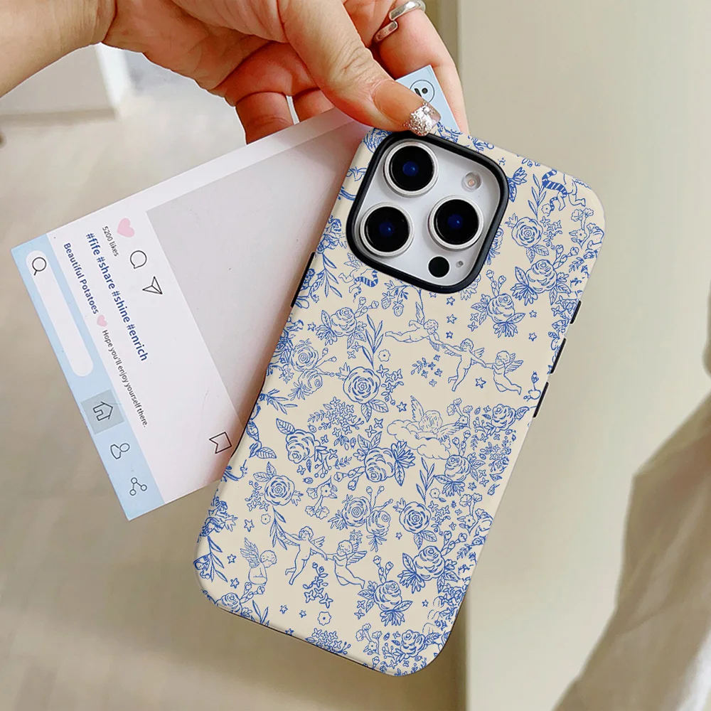 Funda de teléfono de lujo con diseño de Ángel y flor azul para iPhone 16, 15, 14, 13, 12, 11 Pro Max Plus, funda trasera magnética de doble capa de lujo - imagen 4