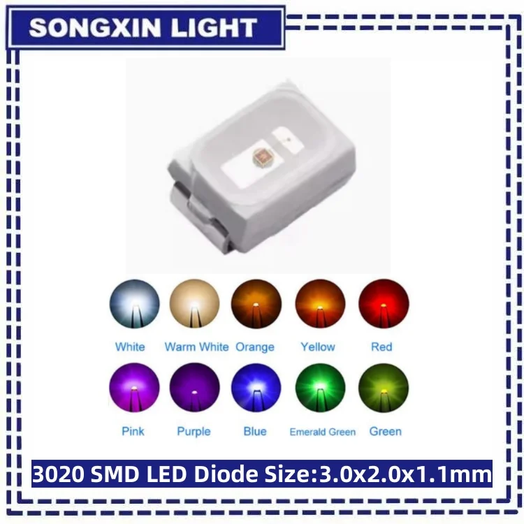 100 Uds 3020 SMD LED diodo emisor de luz smd rojo amarillo azul verde blanco cálido rosa naranja frío 3,0*2,0*1,3 MM súper brillante