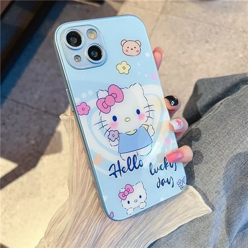 Sanrio Hello Kitty funda de teléfono de Color metálico para Samsung S10 S20 S21 S22 S23 S8 S9 S24 S25 FE PLUS Ultra 5G cubierta dura de vidrio - imagen 3