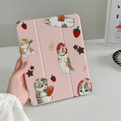 Funda triple para iPad con diseño kawaii de gato y fresas